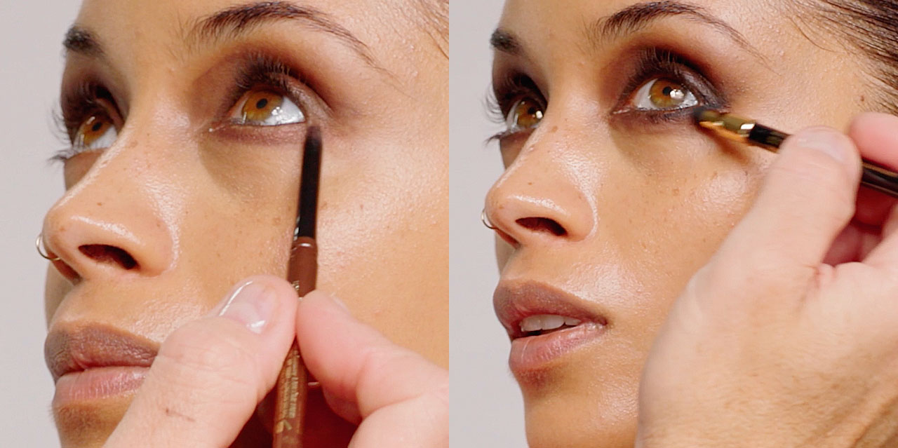 Step 8 define the eyes with a brown eyeliner then apply black eyeliner to intensify the grunge glam look